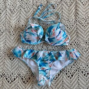 Hollister Swim Suit Set Bikini Ruffle Underwire Women Bottom XS Top Bra Size 32C